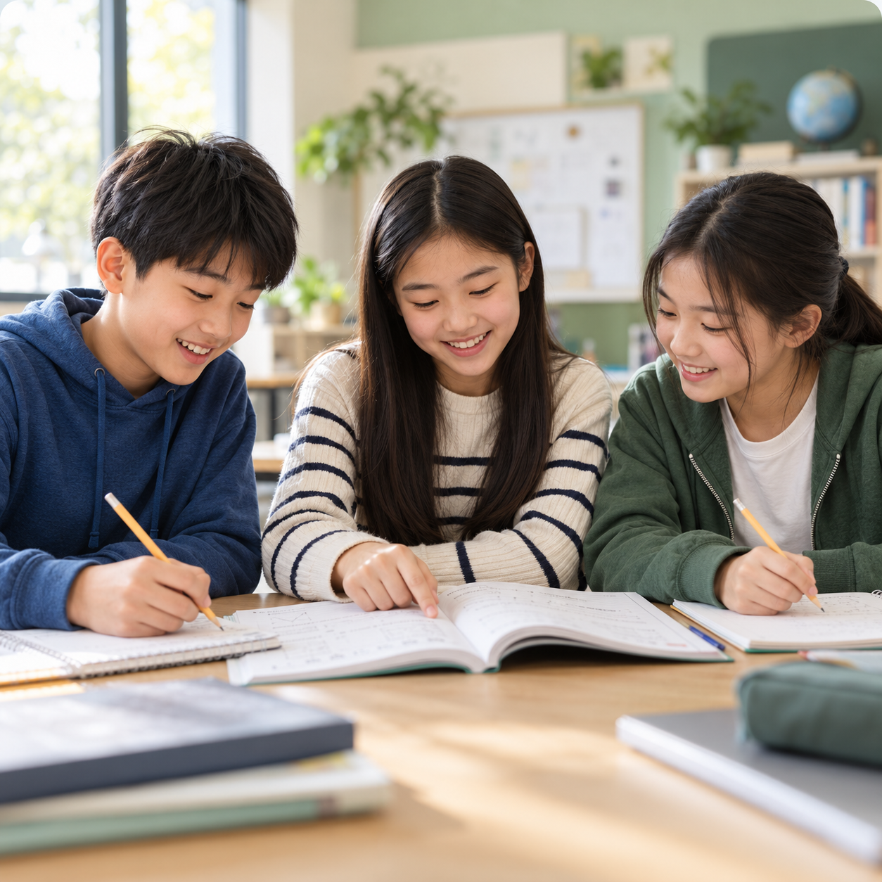 Asian children around age 12 learning together